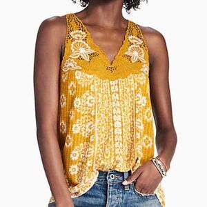 Lucky Brand Floral Lace Yolk Tank Top Mustard Small Marigold Boho Blouse